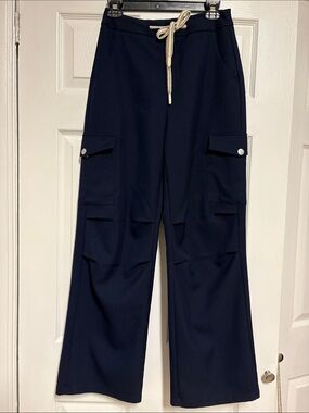 Wide-Leg Cargo Pants with Drawcord in Navy